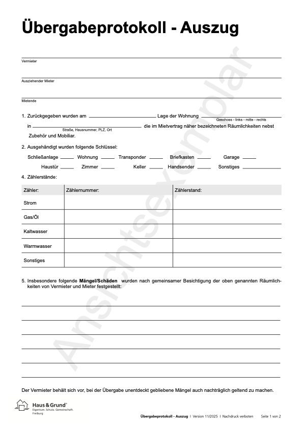 Übergabeprotokoll bei Auszug