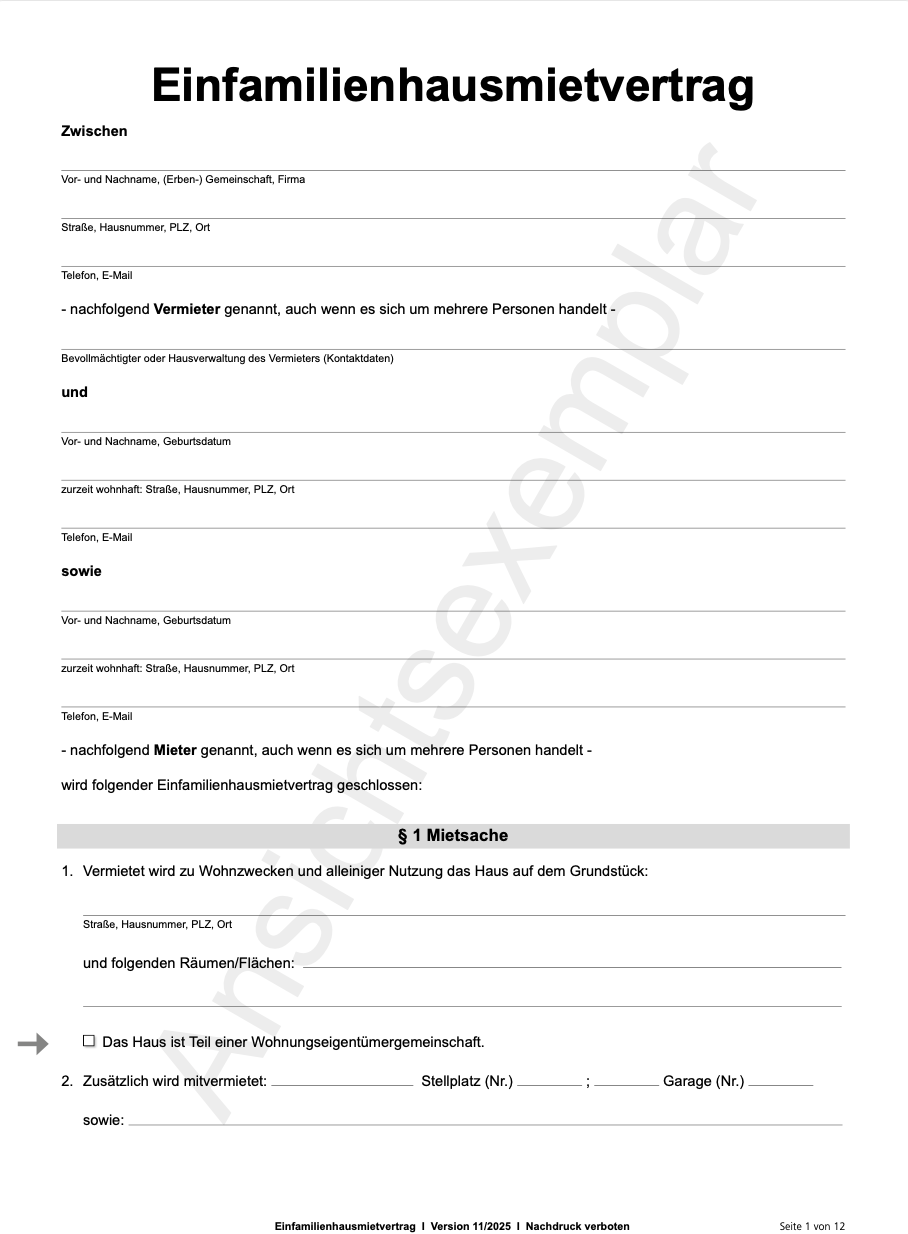 Wohnraummietvertrag (Gedruckte Variante - EFH)