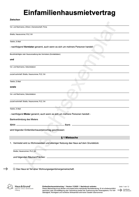 Wohnraummietvertrag (Gedruckte Variante - EFH)